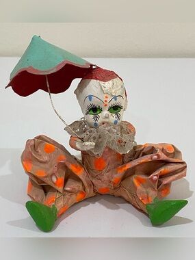 Vintage Paper Mache Clown Figurine with Umbrella Creepy Halloween